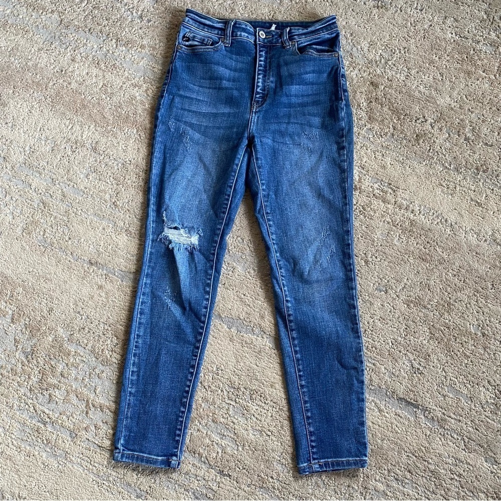 Kancan Distressed Skinny Jeans Medium Wash Ripped Holey Jeans High Rise: 9/28
